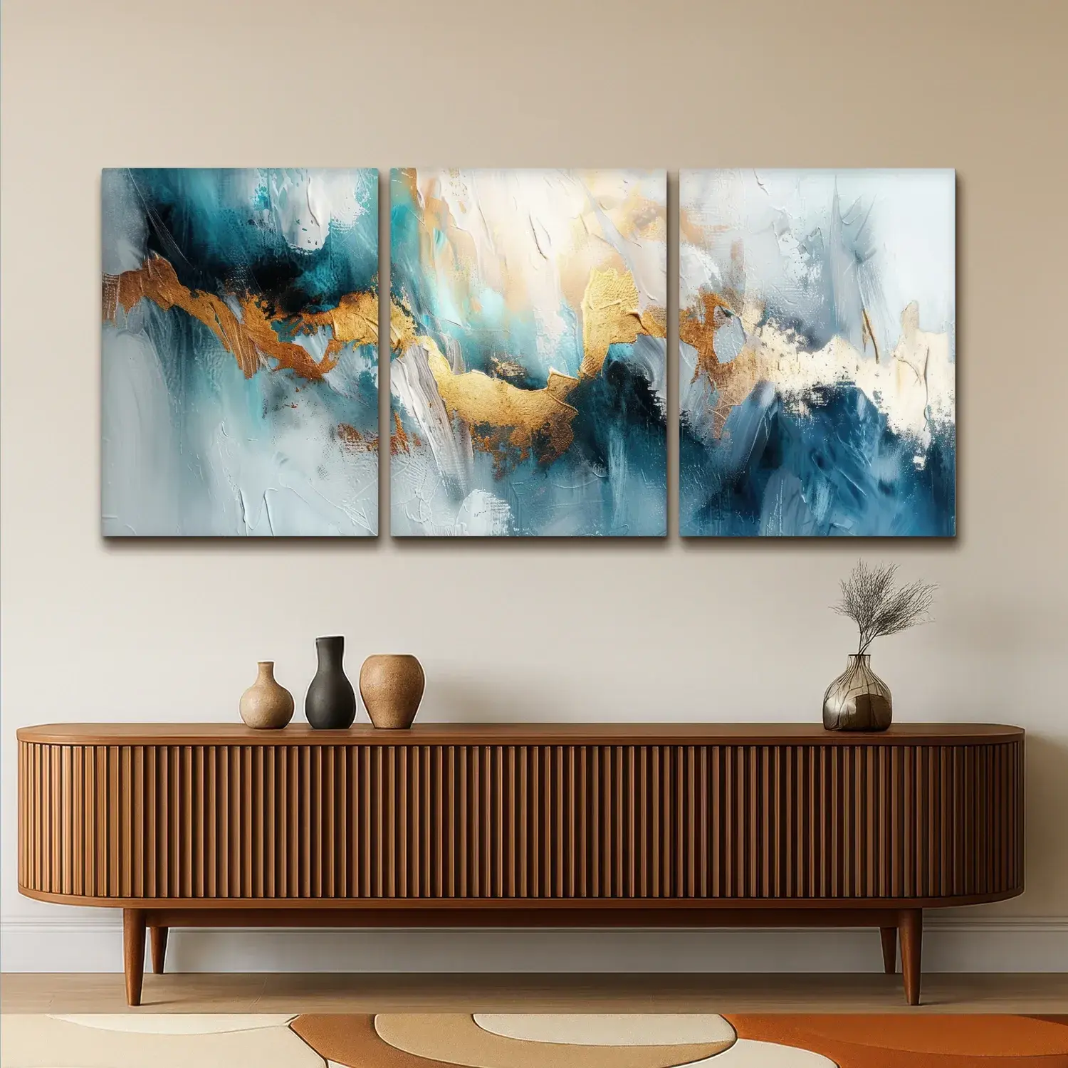 Meerluik schilderij - 3 luiken - Blauw - Abstract - Wit - Goud - Verf
