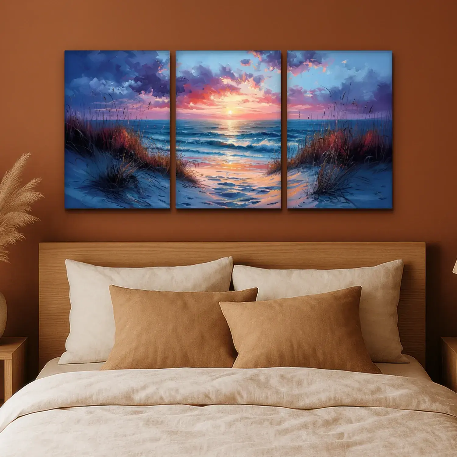 Meerluik schilderij - 3 luiken - Strand - Blauw - Verf - Paars